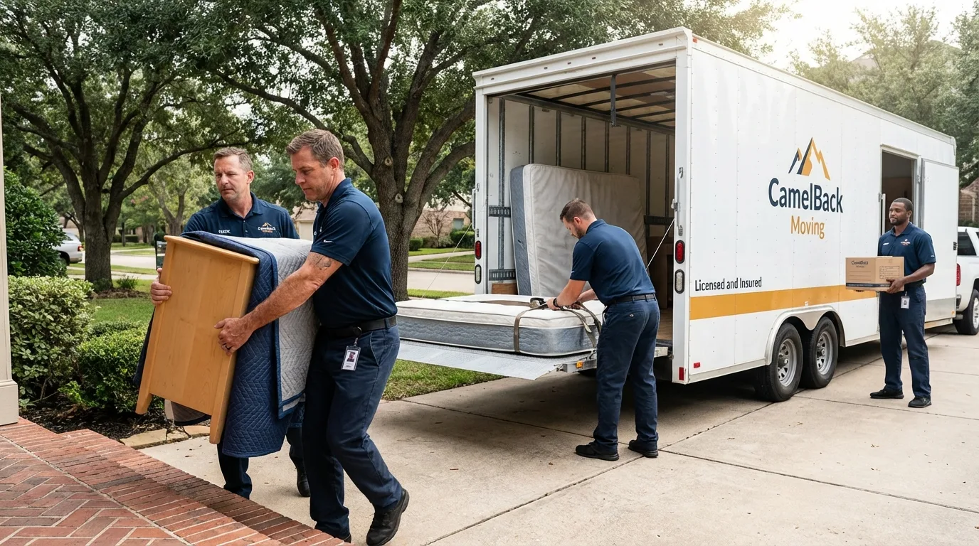 Crew loading residential truck for cross-state move from Dickinson, TX