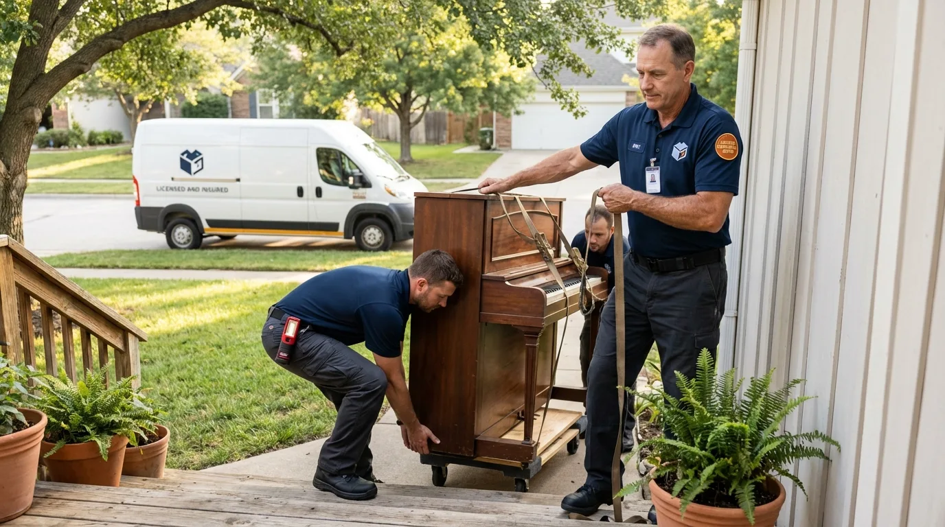 Licensed piano movers securing grand piano in Dickinson, TX