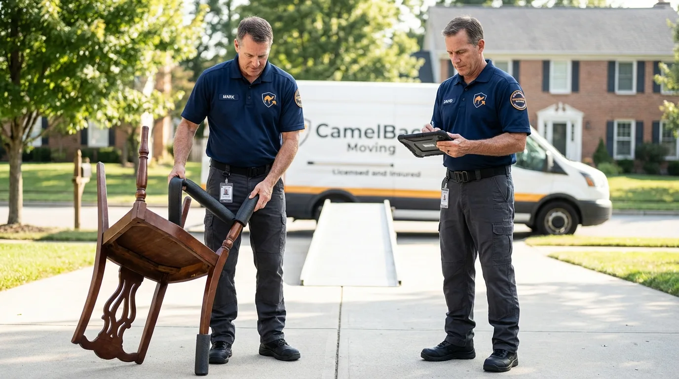 Movers inspecting furniture for damage prevention before loading in Dickinson, TX